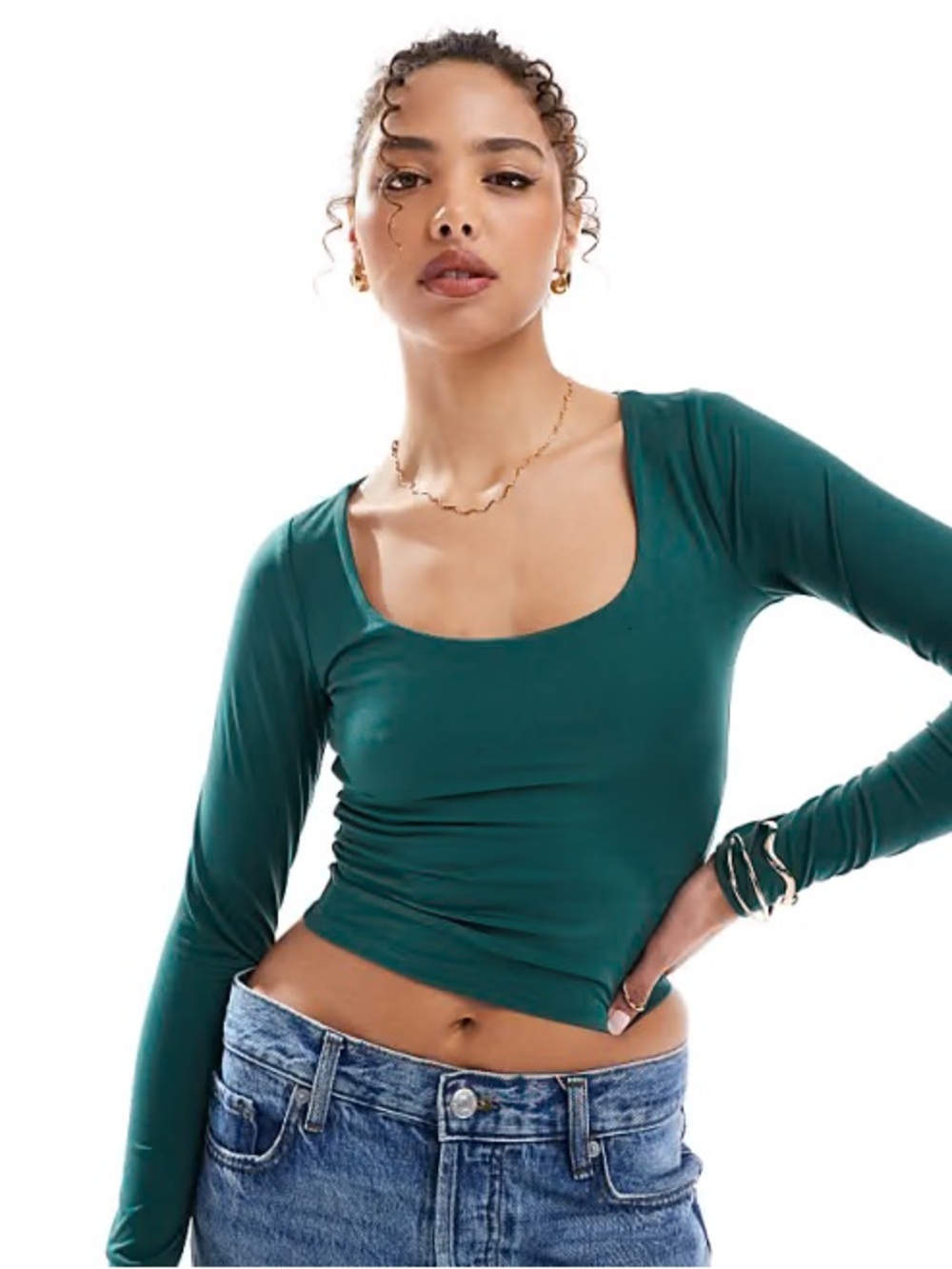 Hollister Women's Scoop Neck Long Sleeve Crop Top - Forest Green